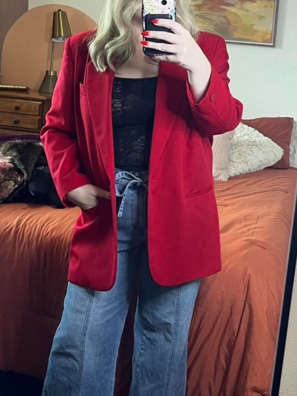 100% wool vintage 90s red Made In USA Women's oversized Blazer Jacket 14 boxy